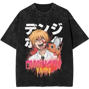 Casual Aki Metal Chainsaw Man  Vintage2 Washed T Shirt Men O-neck Short Sleeve Tops Denji Makima Aki Kobeni Cotton Summer Tops         EGB 2CX