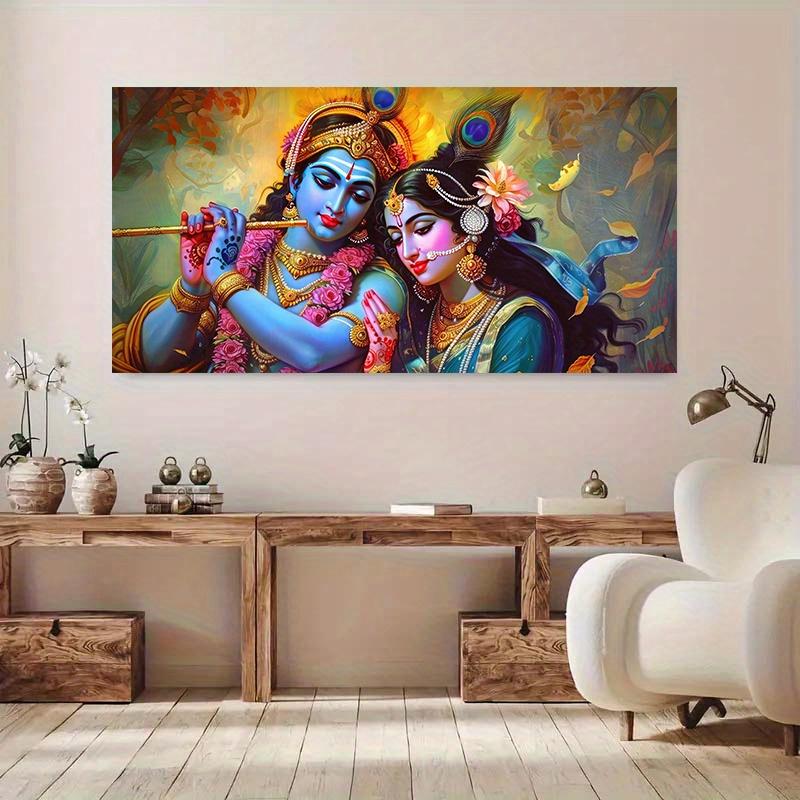 1 Canvas Painting with Wood Frame - Modern Krishna and Radha Statue Art - Gorgeous Hindu God Detail Painting, Religious Home Decor |   Modern Religious Art, Indian Style Home Decor, Large Canvas Wall Art for Room, Bedroom, Living Room, Office Decoration A