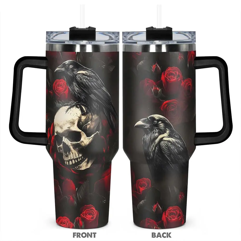 40oz Tumbler, 1pc Gift, Stainless Steel Cup, Insulated and Durable, Design of the dark skull and raven Series, Perfect for skull lovers and Anyone Who loves Unique Artwork, great for holding hot or cold beverages