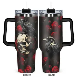 40oz Tumbler, 1pc Gift, Stainless Steel Cup, Insulated and Durable, Design of the dark skull and raven Series, Perfect for skull lovers and Anyone Who loves Unique Artwork, great for holding hot or cold beverages