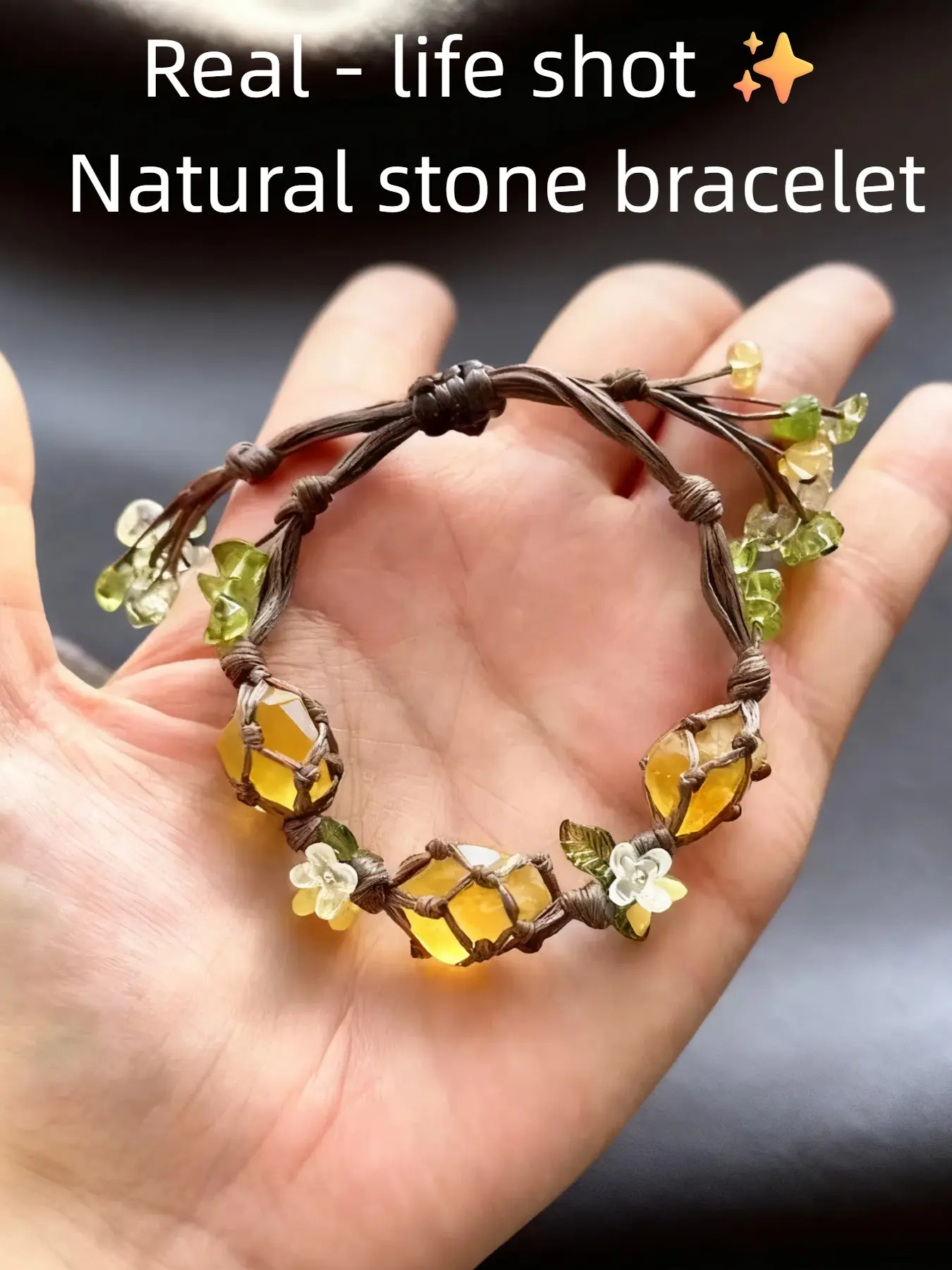 Macrame Crystal Raw Boho Stone Bracelet with Osmanthus-inspired Floral Design, Handmade Jewelry for Women's Daily & Nature-themed Wear, Dainty Crystal Bracelet, Boho Style Bracelet, Bohemian Bracelet