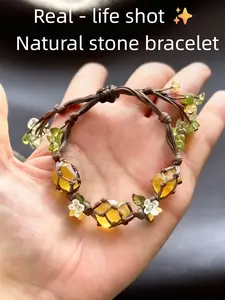 Macrame Crystal Raw Stone Bracelet with Osmanthus-inspired Floral Design, Handmade Jewelry for Women's Daily & Nature-themed Wear, Dainty Crystal Bracelet