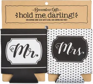 Mr. & Mrs. Neoprene Drink Sleeves, Insulated Can Coolers Set Of 2, Black & White - Wedding Gift Koozies For Couples