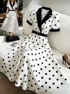 Women's Collared Waist-Tied A-line Maxi Dress, Classic Polka Dot Print, French Retro Sophisticated Style, Suitable for Office Commute, Semi-Formal Occasions, Daily Streetwear, Afternoon Tea and Other Social Gatherings
