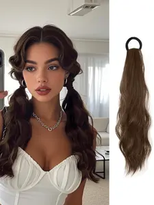 Long Ponytail Wig Set, Fluffy Wave Curly Artificial Hair with Elastic Band, Fashion Youthful Look, Suitable for Women, Daily & Holiday Decor
