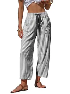 2026 Women's Linen Striped Leggings, Comfortable Drawstring Capri Pants with Pockets, Summer Beach Vacation Casual Pants