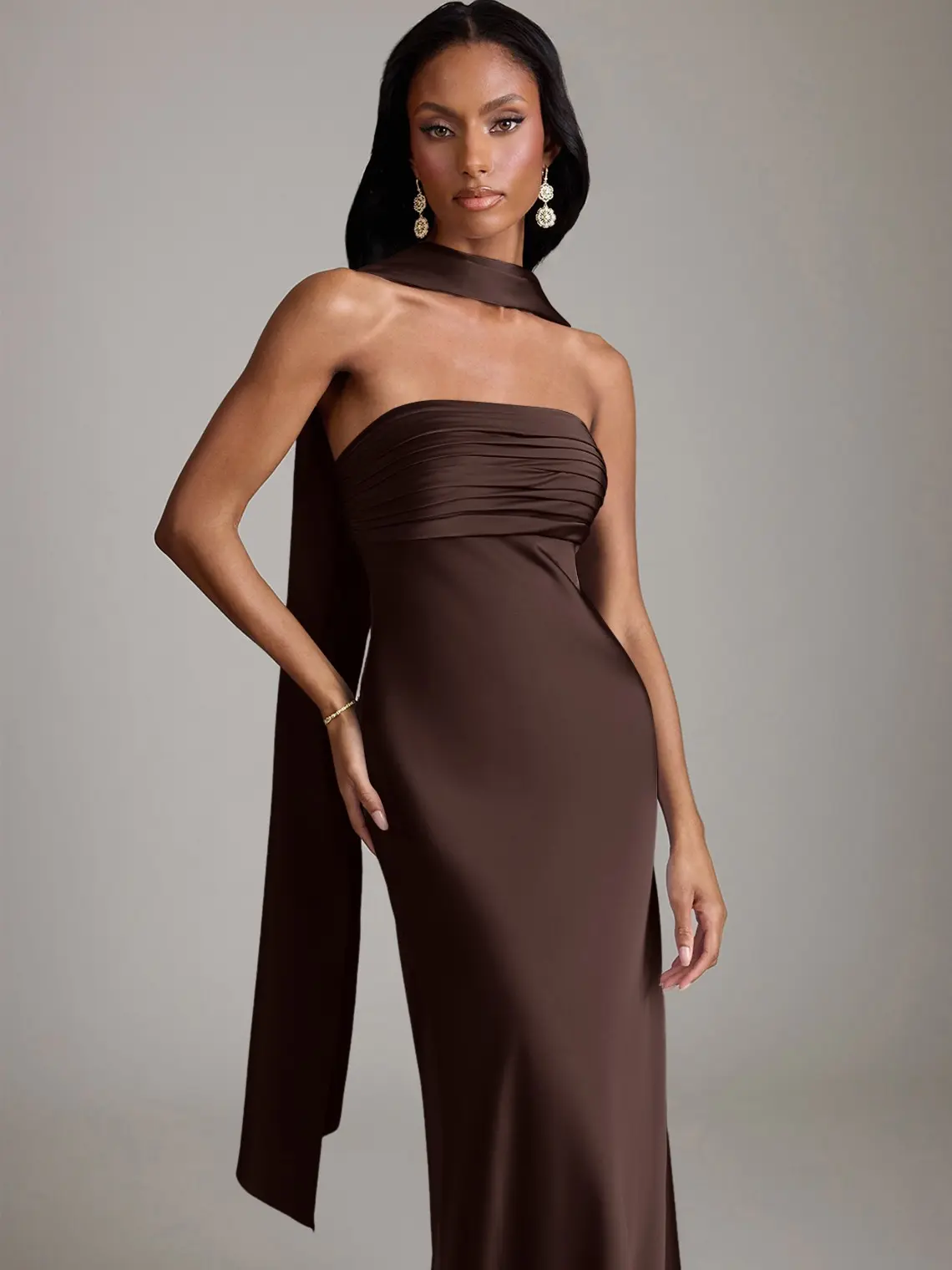 Azazie Saylor Strapless Pleated Mermaid Detachable Strap Bridesmaid Wedding Formal Evening Stretch Satin Dress