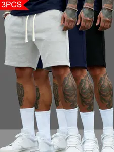 3pcs Men's Fashion Athletic Activewear Knitted Plain Casual Shorts with Elastic Waist, Drawstring & Pockets, Skin-Friendly and Versatile for Home & Outdoor Wear