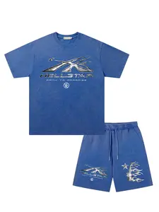 Men's Summer Casual Set, Washed Graphic Short Sleeve T-Shirt & Shorts, Loose-Fitting H-Type, Trendy Streetwear, Two-Piece