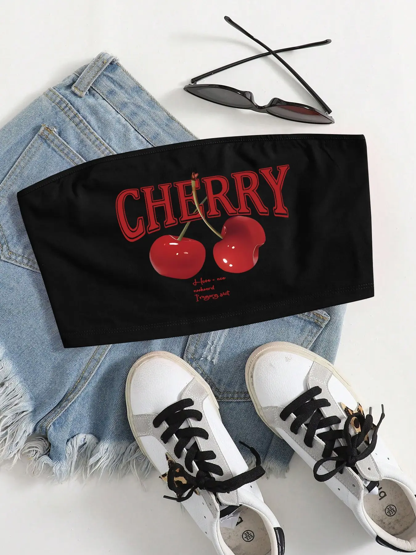 Women's Sexy Crop Top Tube Vest, Jelly Cherry Print, Y2K Style, Slim-Fitting, Spring Summer Fashion, Casual Daily Wear, Party, Everyday, Womenswear, Bandeau Tops