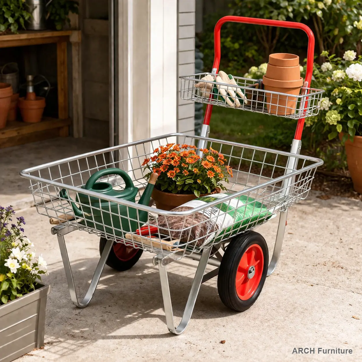 Heavy-Duty Steel Garden Centre Trolley - All-Terrain Wheels Dual-Wheel Portable Utility Cart, Outdoor Rolling Storage Solution for Patio Gardening Tools, All-Terrain Wheels Trollies