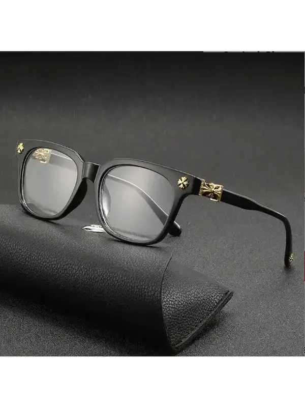 Unisex High-End Chrome Hearts Square Eyeglass Frames, Luxury Black-Gold Cross Detail Optical Frames, Premium Designer Non-Prescription Glasses with Leather Case