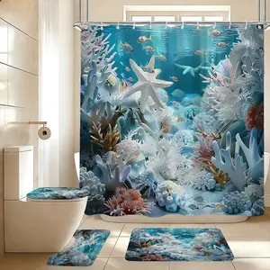 4pcs Coral Ocean Theme Bathroom Decor Set, Waterproof Shower Curtain with Hooks, Bath Mat, Toilet Seat Cover, Holiday Gift, Bathroom Essentials