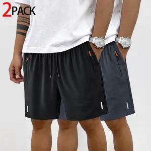 Men’s athletic shorts — running, fitness, casual, comfortable fit; elastic waistband with drawstring, zippered pockets, reflective details; suitable for training, walking, home wear, everyday use; two-pack.