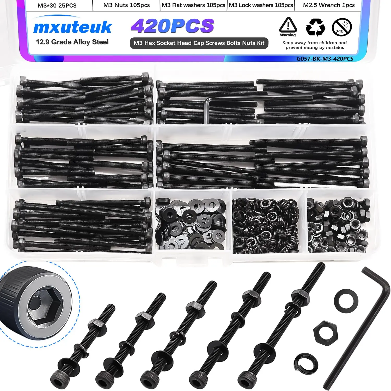 420PCS M3 Screws,M3x30/35/40/45/50mm Button Head Socket Cap Screws Bolts Nuts Kit,10.9 Grade Alloy Steel M3 Bolts with Hex Wrench