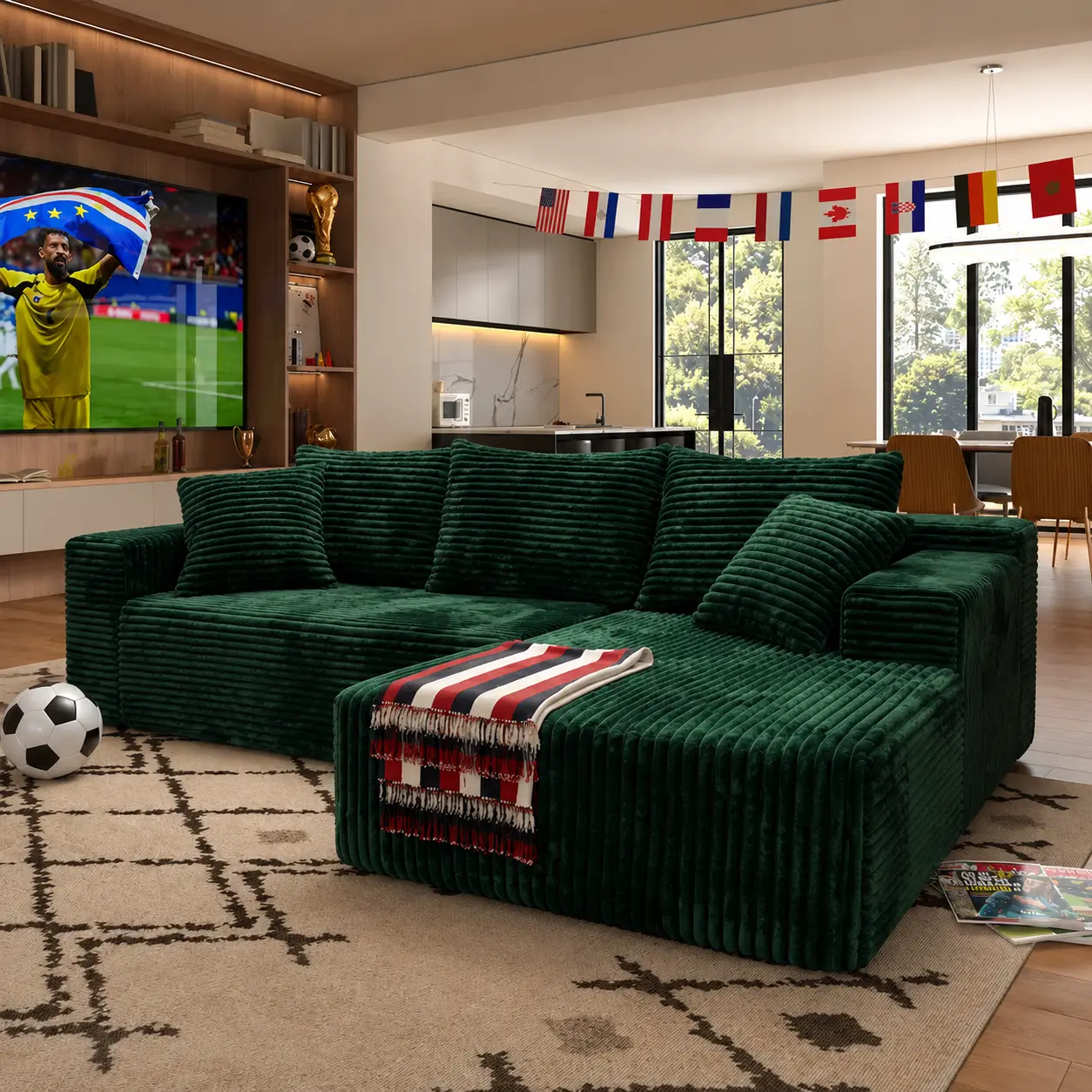 96" Green L-Shaped Sectional Sofa Couch, Modern Chenille Boneless Cloud Sofa with No Assembly Required, Oversized Modular Deep Seat Comfy Couch Set, Flexible Configuration Living Room Furniture L- shapes of a