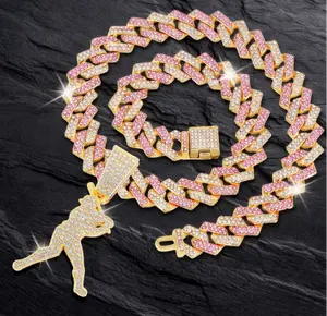 14K Gold Plated Iced CZ Pink Baseball Player Swingman Pendant Chain Cuban Necklace