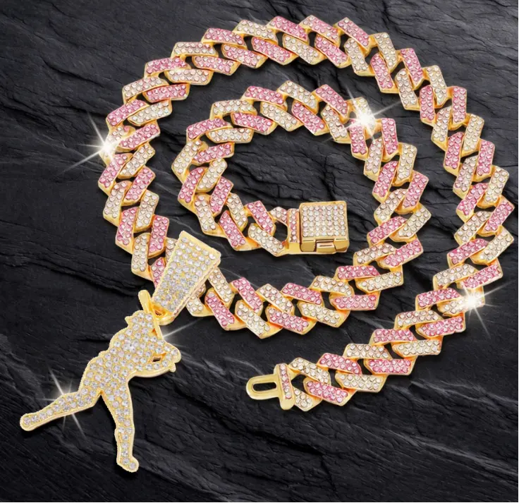 14K Gold Plated Iced CZ Pink Baseball Player Swingman Pendant Chain Cuban Necklace