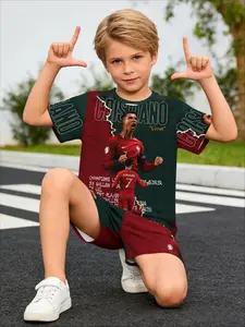 Kids 2 Piece Outfits Boys Summer Short Sleeve T Shirt + Shorts Set Cristiano Ronaldo Portugal 7 GOAT Historical Honors Print Football Fan Gear Kids Clothing Casual Sport Wear for School Daily Football Match & Fan Gathering