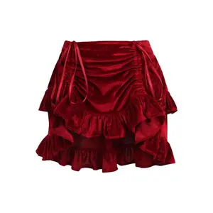 Dark Red Velvet Ruched Bustle Skirt