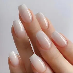 Press on Nails Mediun Coffin Fake Nails Glossy Glue on Nails Ombre Acrylic Nails Ballerina Natural Gradient Artificial Nails Nude White False Nails with Design 24 pcs