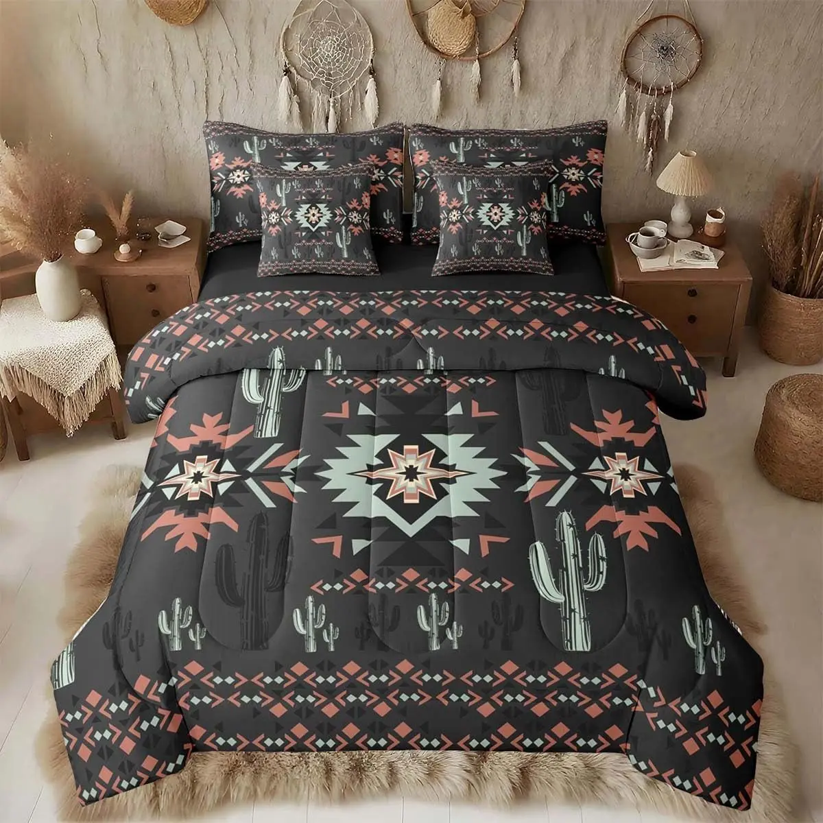 Khaki Southwestern Aztec Comforter Set with Sheets 7 Piece Geometric Vintage Bed in a Bag Rustic Western Cactus Bohemian Boho Tribal Bedding Set Black Red Bedroom Decor