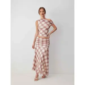 Cider Mesh Check Graphic Asymmetrical Neck Top & Mid Rise Ruched Waist Maxi Skirt Set
