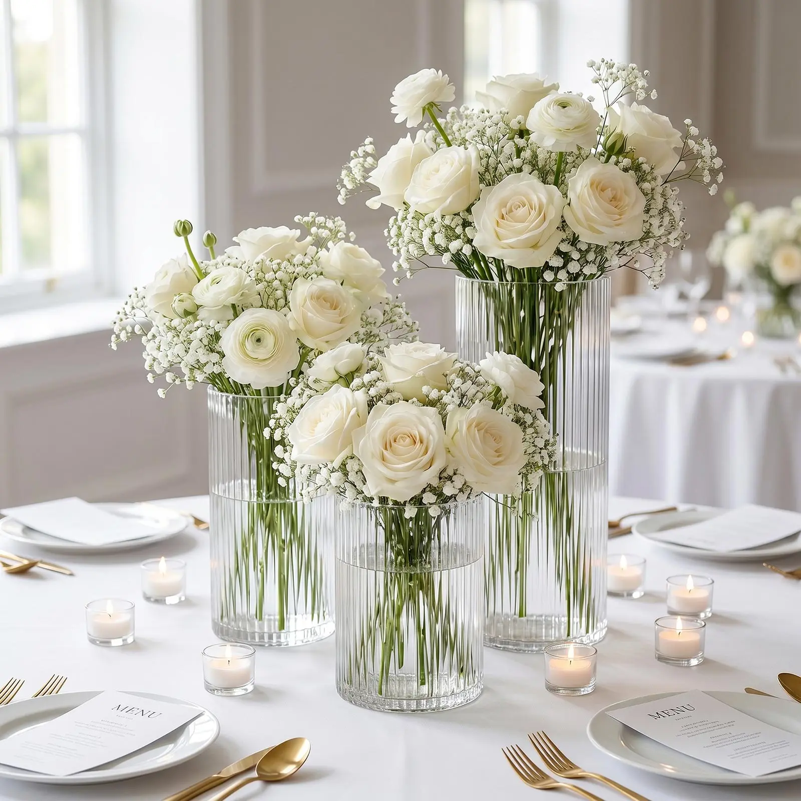 Set of 3 Clear Fluted Glass Cylinder Vases, Ribbed Column Floral Vases for Wedding Centerpieces - 6", 8", 12"