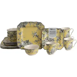 Adelaide 16- Square Floral Dinnerware Set - Service for 4,Yellow Porcelain Plates & Bowls, for Everyday Dining & Entertainment, Microwave & Dishwasher Safe, Chip Resistant