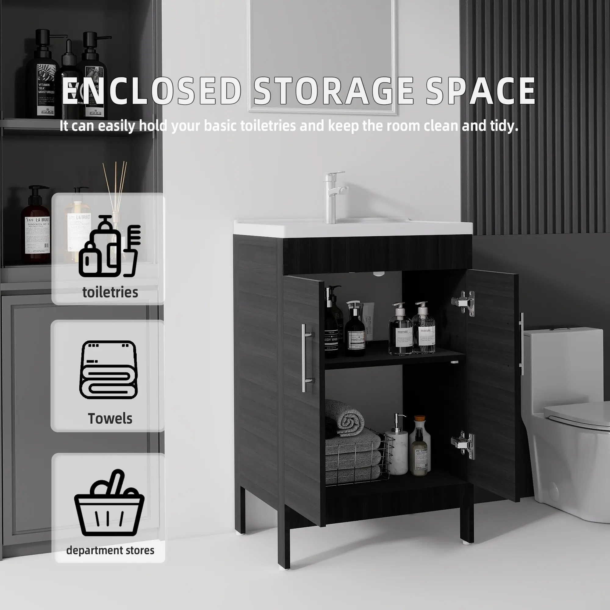 24-Inch Freestanding Bathroom Vanity with Seamless Integrated Ceramic Sink, Sturdy Premium Plywood Cabinet, Moisture-Resistant Design, Soft-Close Double Doors, Large Storage Compartment for Small Powder Rooms, Black Walnut