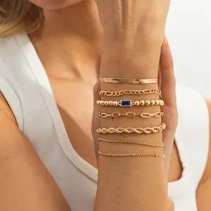 7-layer Bracelets Stack for Women - 14K Real Gold Plated Beaded Bracelets Rope Paperclip Chain Stackable Bracelet Non Tarnish, Friendship Birthday Jewelry Gifts