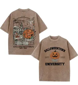 Vintage Halloweentown University Est 1998 T‑Shirt, Pumpkin Spooky Town Washed Black Cotton Oversized Short Sleeve Tee, Retro Halloween Movie Casual Crewneck Shirt with Front & Back Print