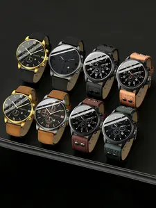 Men's Quartz Watch Set with Roman Numerals Calendar, PU Leather Strap, Analog Dial, Casual Style, Perfect Gift for Men，No box