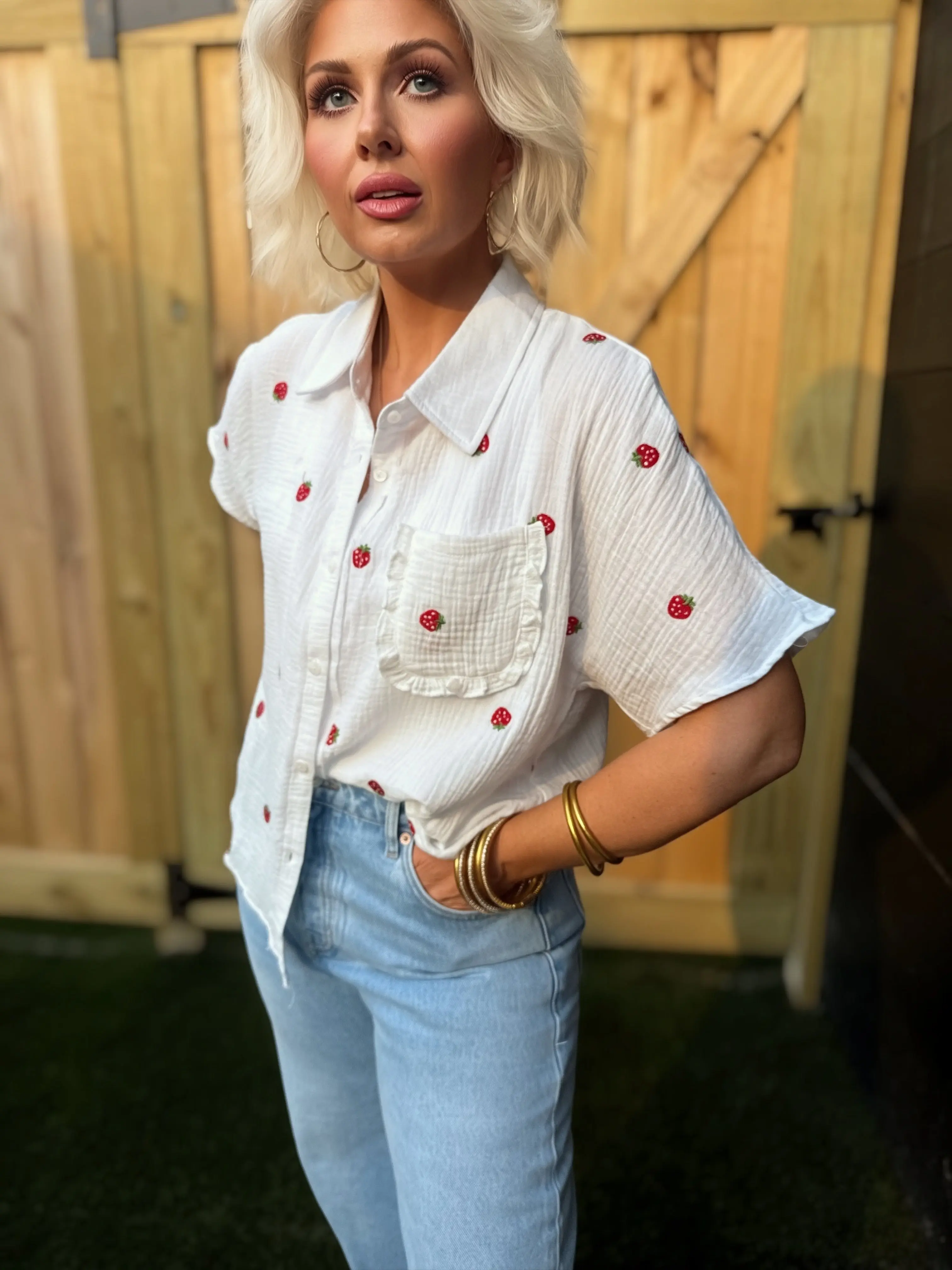 Women's Sweet Strawberry Embroidered Oversized Gauze Button-Down Shirt, Casual Breathable Blouse Top