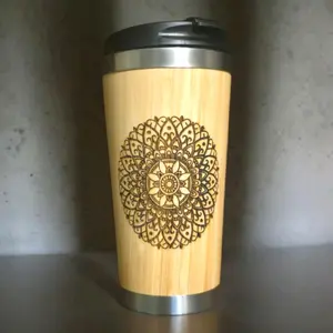 Hand-Engraved Mandala Art Bamboo Travel Mug, Sustainable Reusable Coffee Cup