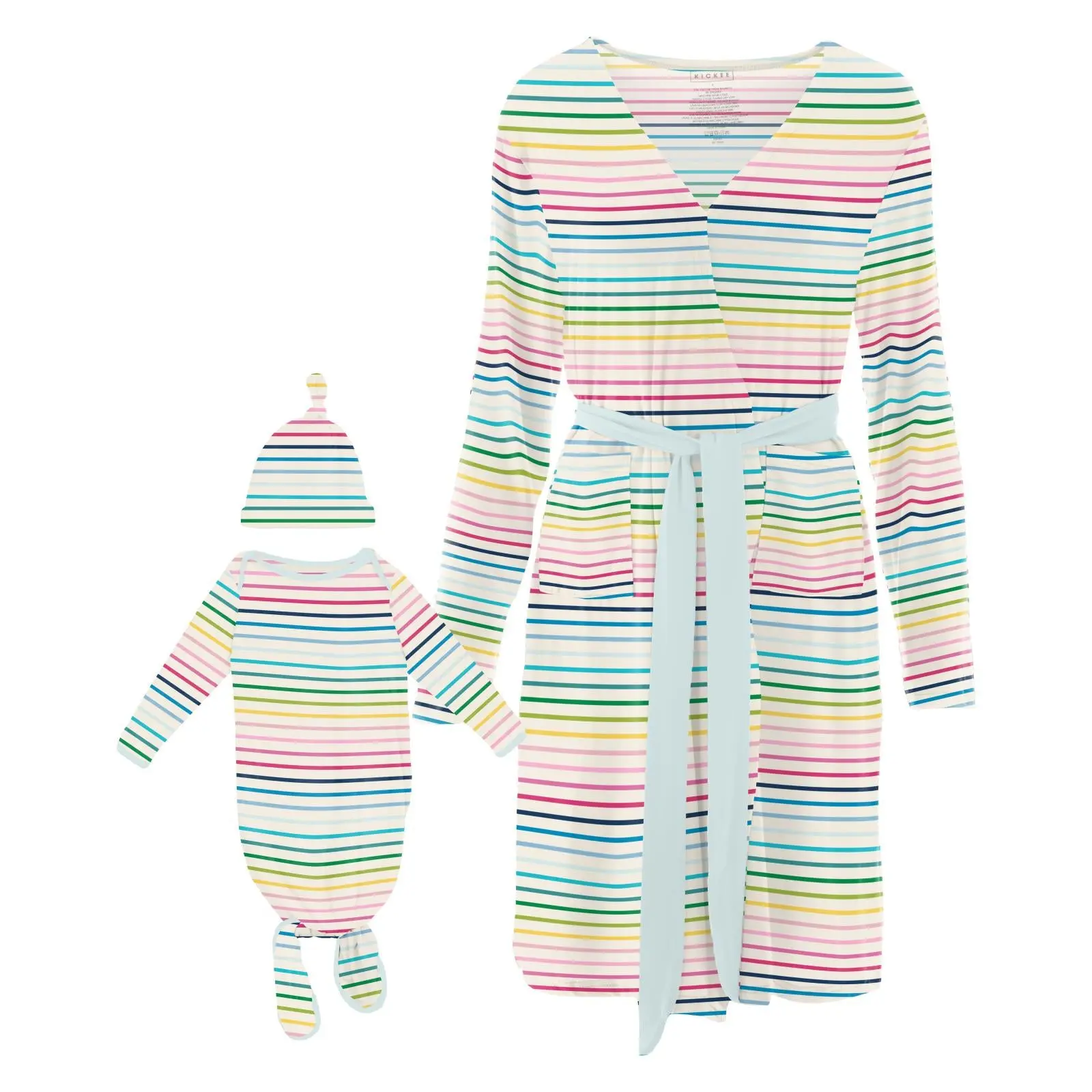 Women's Print Mid-Length Lounge Robe & Knotted Layette Gown Set in Happy Stripe