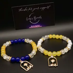 Lucky's Bracelets Beauty and The Beast Beaded Bracelet Set with Blue and Yellow Beads & Rose Charms