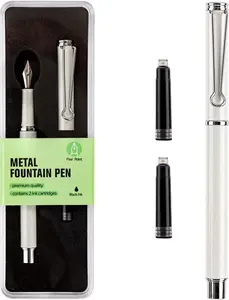 Refillable Fountain Pen, Fine Point, Black Ink, 2 Ink Cartridges in one Set, Pear White, Metal Pen