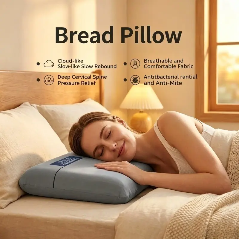 Bread Pillow, Slow Rebound Memory Foam Pillow for Sleeping, Standard Size Bed Pillow with Washable Cover, Ergonomic Neck Support for Side, Back and Stomach Sleepers