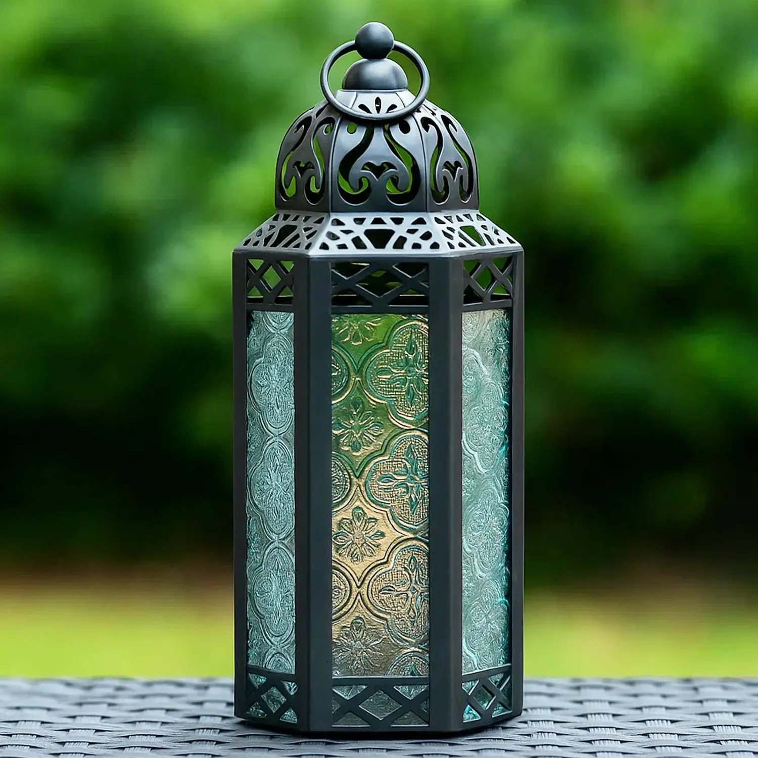 10.5" Clear Glass Moroccan Candle Lantern - Decorative Holder Lamp for Table or Hanging, Ramadan  Decorations, Outdoor Patio or Porch, Weddings, Black Metal, Medium