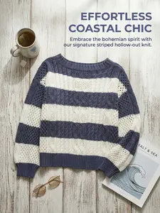 Women's Striped Knitted Sweater, Bohemian Hollow Out Long Sleeve Pullover, Beach Fashion Style, Casual Winter Wear