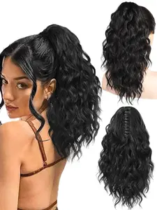 Short Curly Clip-In Ponytail Extensions, 14 Inch Wavy Synthetic Hair, Puffy Ponytail Hair Piece, Daily Use Multi-Layer Thick Wave Claw Clips, Wavy Synthetic Hairpiece