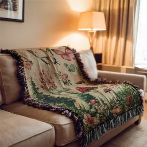 Butterfly Mushroom Pattern Bohemian Style Sofa Towel, Bohemian Style Sofa Cover, Soft Sofa Protector, Thick Soft, Yarn Woven Not Printed, Non Fading and Easy To Care, Can Be Used for Home Decoration, Outdoor, Office Nap