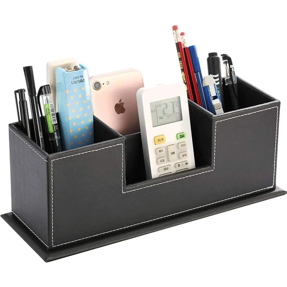 Leather Pencil Holders and Organizers for Workspace Accessories, Pen/Business Name Card Holder, Office &  Desk Supplies Holder (Black)