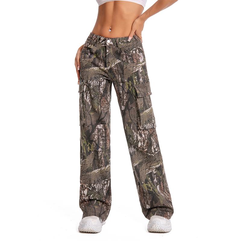Camo Cargo Pants Tall Girl Friendly for Women with Multi-Pockets and Mid Waist Wide Leg Baggy Y2K Trousers