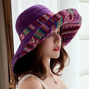 Reversible Bucket Hat Cap for Women Summer Sun Protection Sunscreen Cap Korean Style Boho Floral Travel Outdoor UV Hat Spring Wide Brim Casual Retro