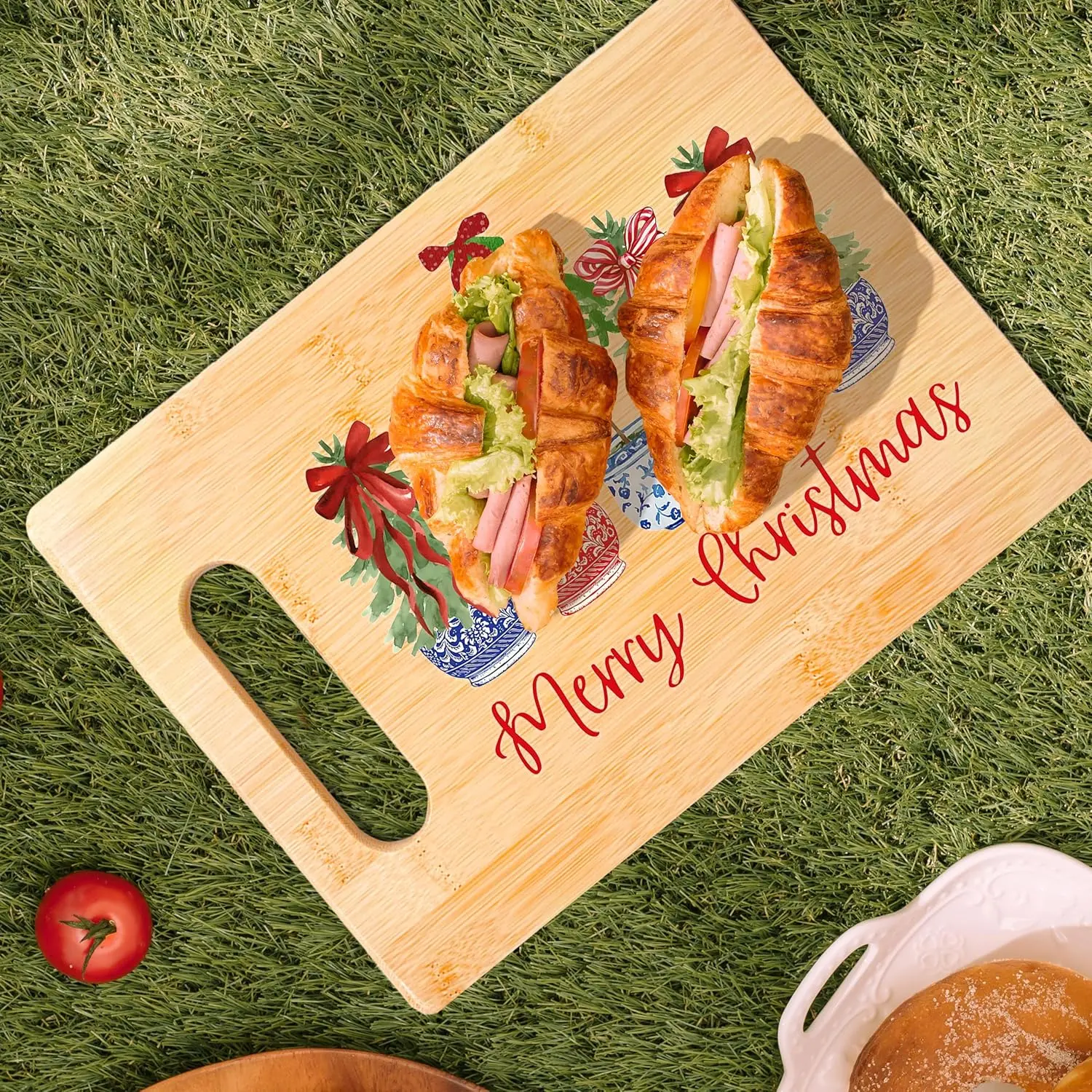 Chinoiserie Christmas Cutting Board for Kitchen Decor, Merry Christmas Bamboo Cutting Board Gift for New Home