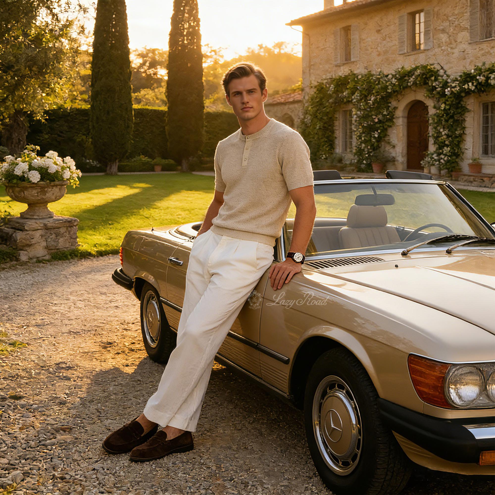 LazyRoad Old Money Style Men's Henley-Neck Short-Sleeve T-Shirt, Breathable Tencel & Linen Blend Knit T-Shirt-M6006