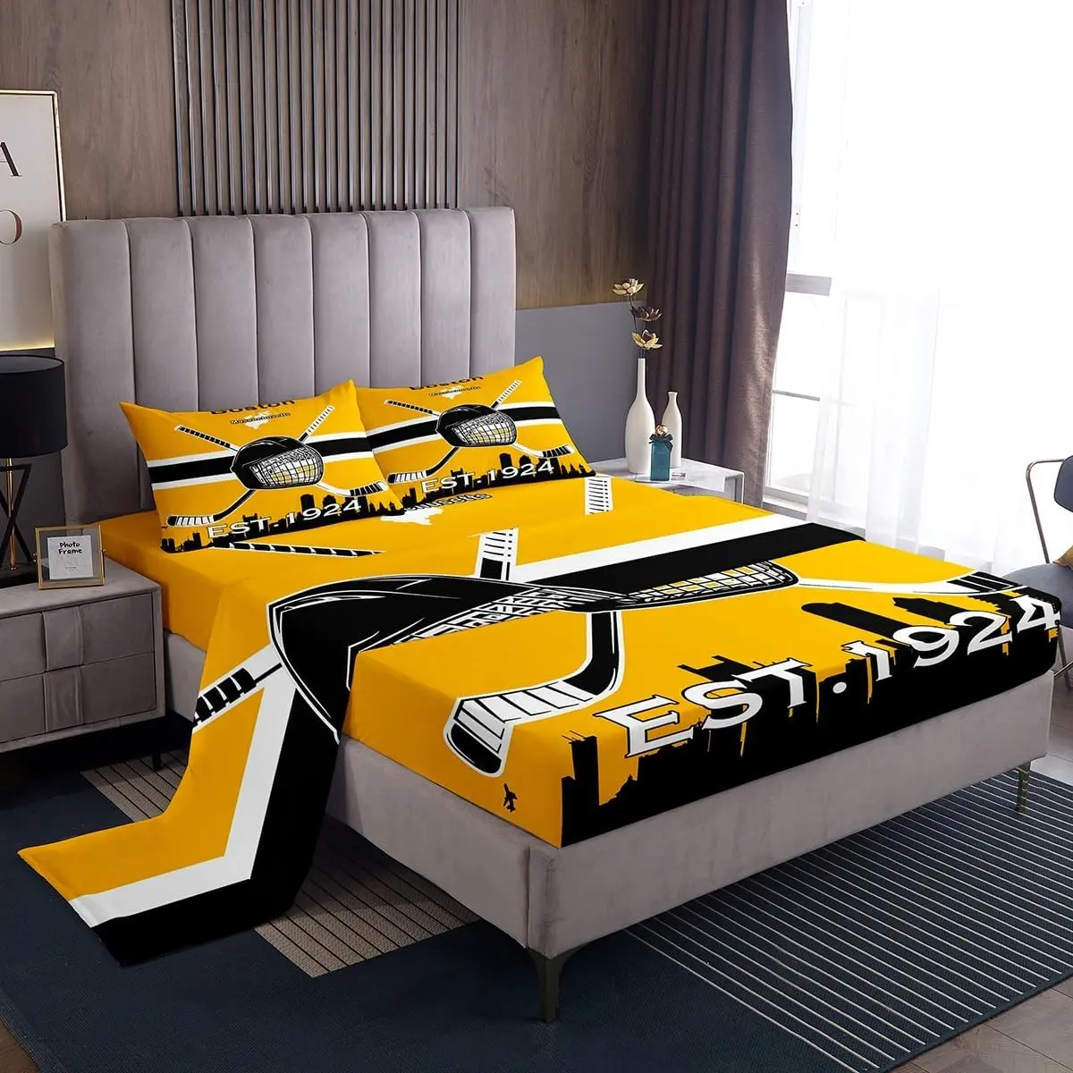 Feelyou Microfiber Sports Bed Sheets Set - Yellow Black Boston Ice Hockey Themed Bedding Set with Flat & Fitted Sheets for Kids, Teens, Microfiber Bed Sheets