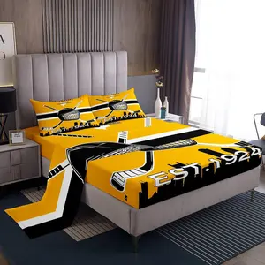Sports Bed Sheets Set,Boys Ice Hockey Sheet Set for Kids Teens Adult,Yellow Black Winter Sports Sheets,Flat Fitted Sheet(Boston)